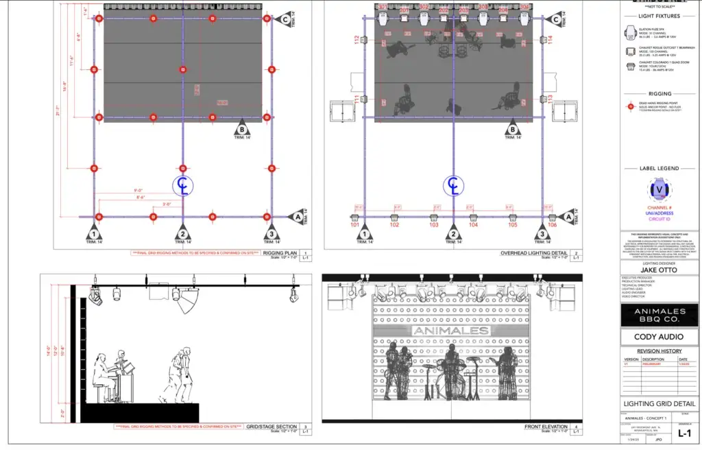 The Animales BBQ Co. lighting grid drawing, showing rigging points, fixture positions, channel numbers and trim heights