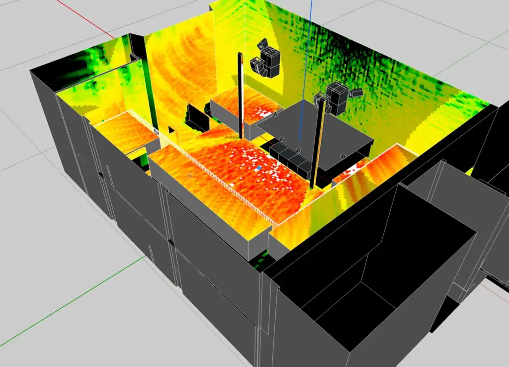 Acoustic prediction model of Icehouse showing predicted sound level across the floor, stage and walls, with the loudspeaker arrays in their flown positions