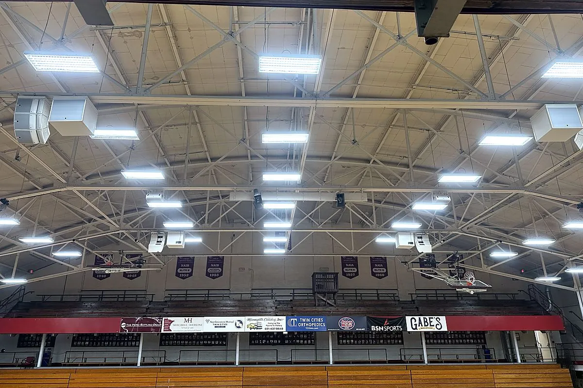Two L-Acoustics A10i arrays with SB18i subwoofers flown above the bleachers at Hutton Arena