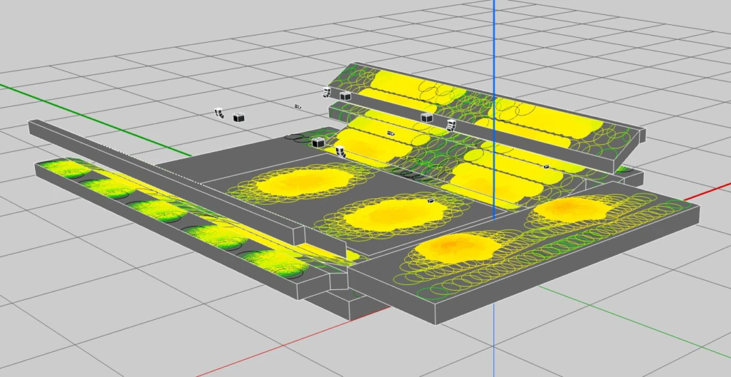L-Acoustics Soundvision model of Hutton Arena showing predicted sound level across the court, the bleachers and the south balcony
